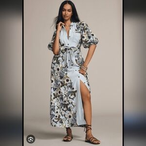 Anthropologie Maeve Mona Blue Floral Button Down Maxi Dress with Puff Sleeves